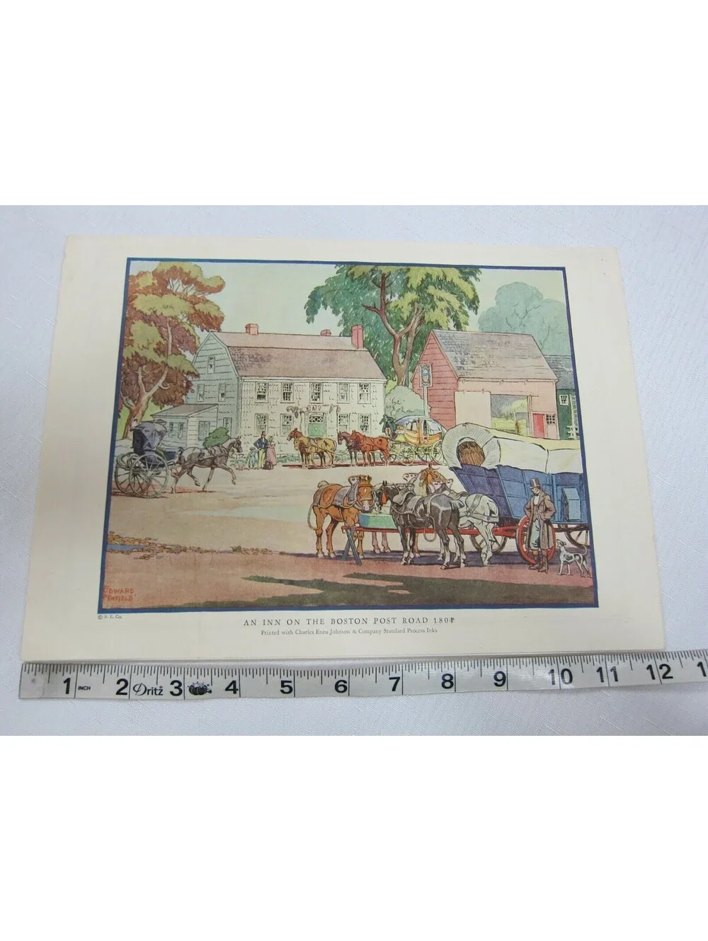 Antique Edward Penfield Color Litho Art Print 9 x 12 INN ON THE BOSTON POST 1804